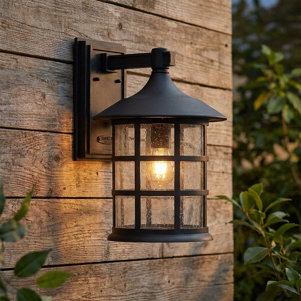 Black lantern-style outdoor wall light with clear seeded glass and a warm bulb, mounted on a rustic wood wall.