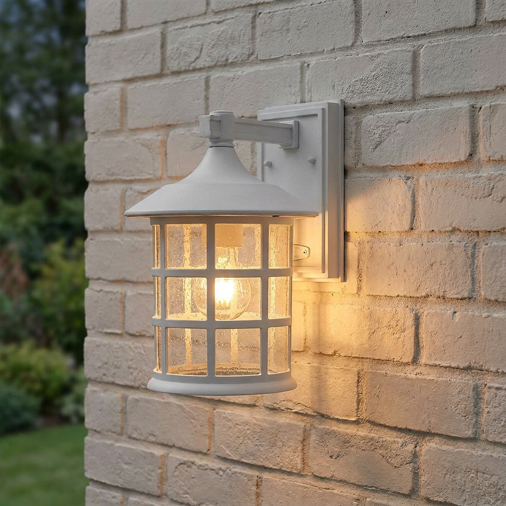 White Hinkley Freeport outdoor lantern with seeded glass and a warm lit bulb mounted on a light brick wall.