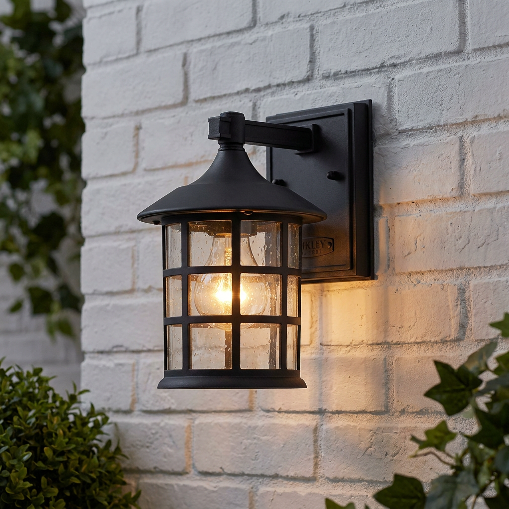 Black lantern-style outdoor wall light with seeded glass, glowing warm on a white brick wall.