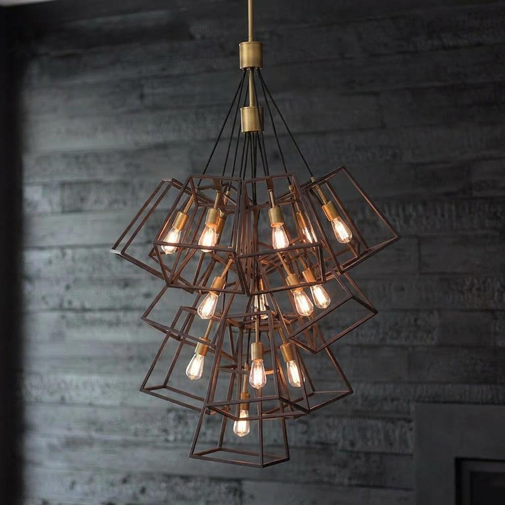 Large bronze chandelier featuring a cluster of geometric open-frame cages and exposed vintage bulbs.