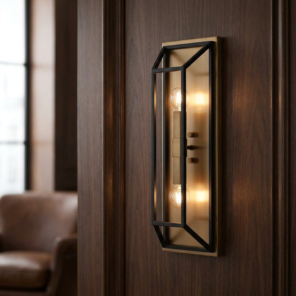 Hinkley Fulton 2-light wall sconce with a black cage frame and brass backplate mounted on dark wood paneling.