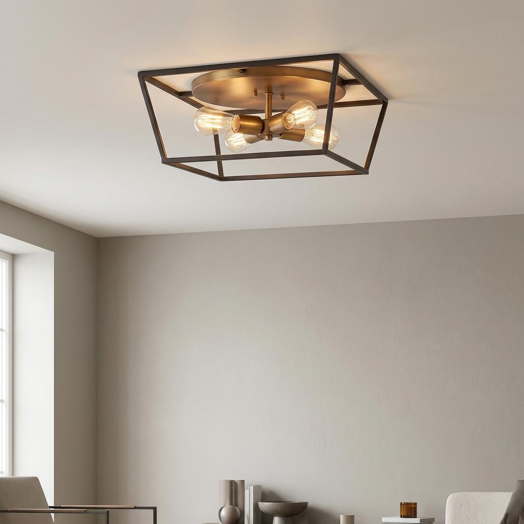 Hinkley Fulton 4 light bronze ceiling flush mount with an open trapezoid cage design in a modern room.