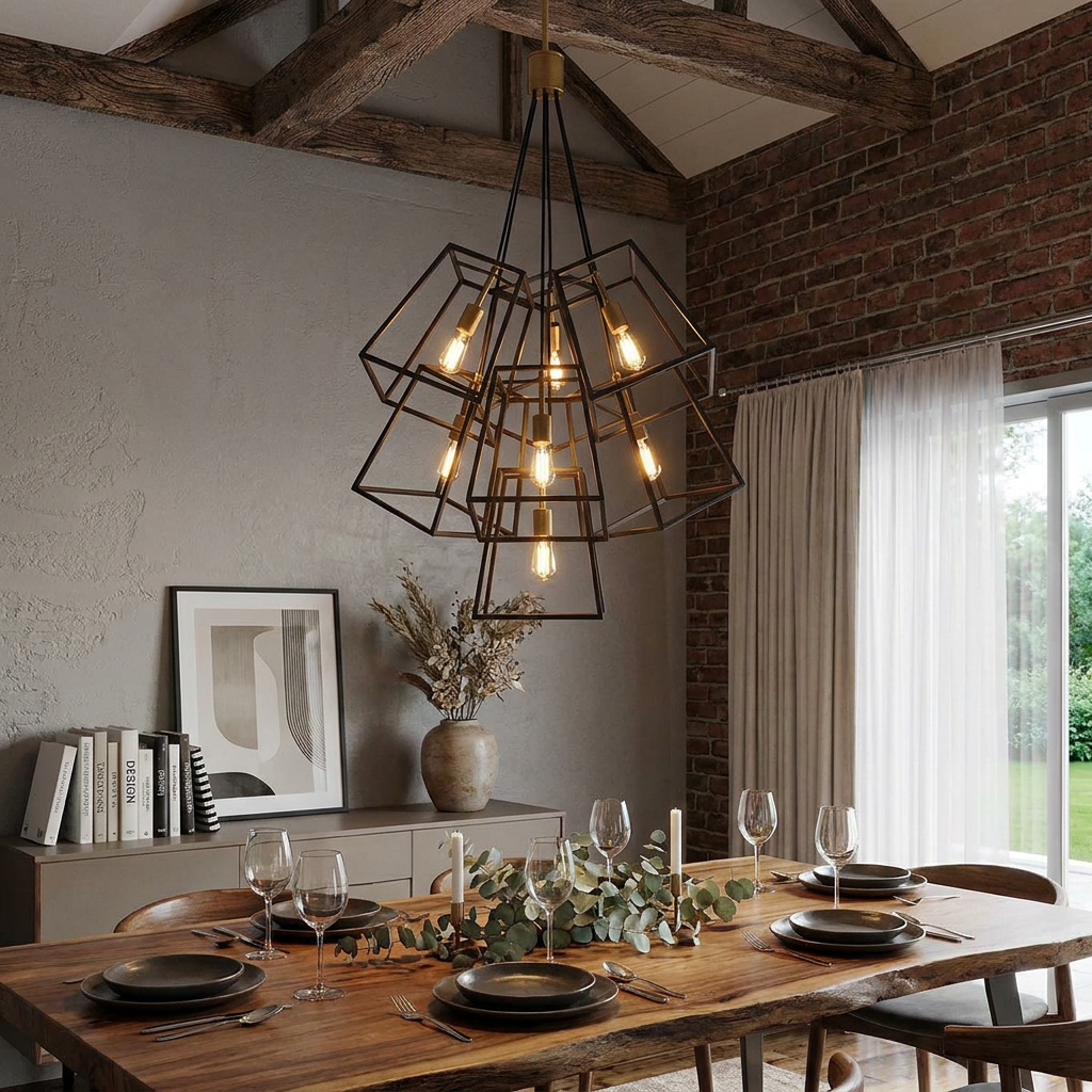 Geometric bronze chandelier with seven exposed bulbs hanging in a rustic dining room with vaulted wood beam ceilings.