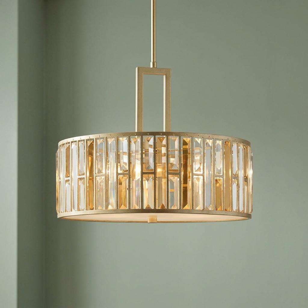 Hinkley Gemma 3 light pendant with a silver leaf frame and rectangular amber crystal prisms.