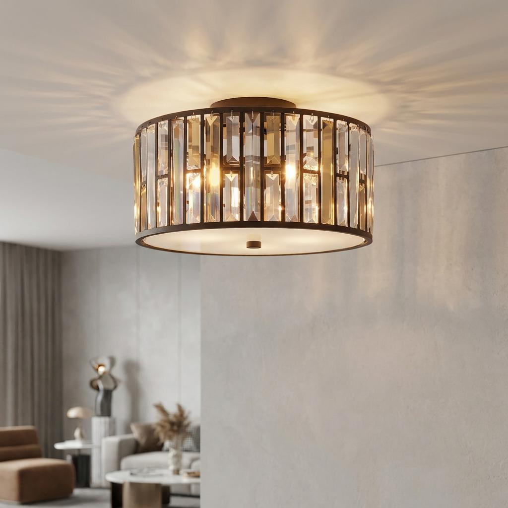 Hinkley Gemma flush crystal ceiling light with rectangular prisms and a dark bronze finish in a modern living room.