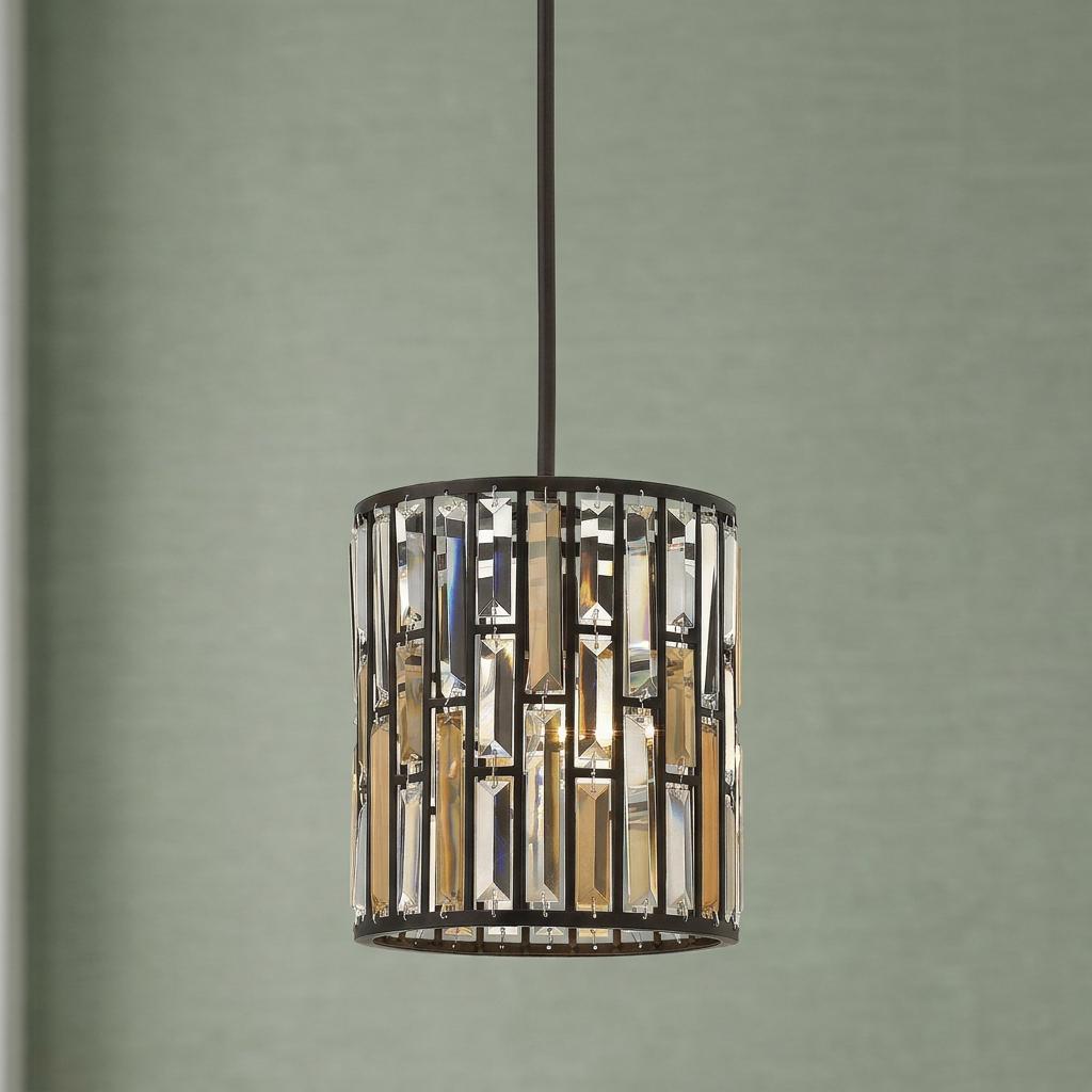 Hinkley Gemma Mini Zinc Pendant Ceiling Light with rectangular amber crystals against a light green wall.