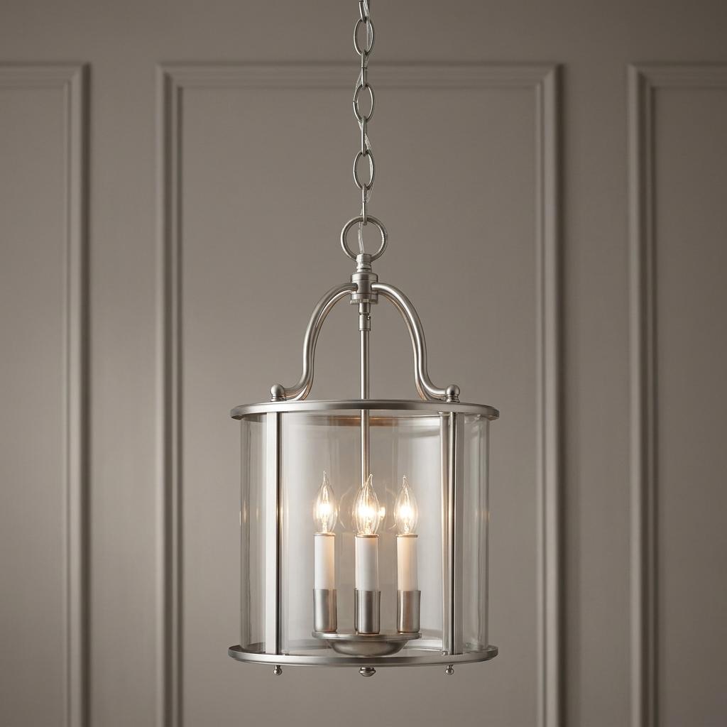 Pewter three-light lantern with clear glass cylinder and candle-style bulbs against a paneled wall.