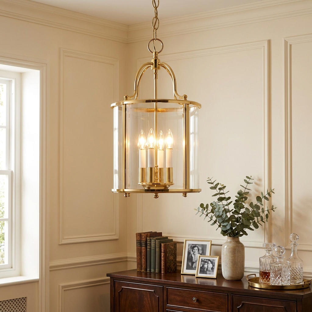 Polished brass lantern pendant with four candle bulbs hanging above a classic sideboard in a paneled room.