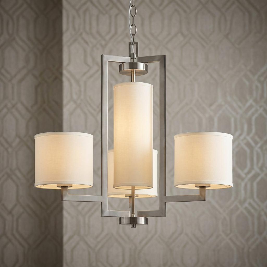 Hinkley Hampton antique nickel 4-light chandelier with fabric shades against a patterned grey wallpaper background.