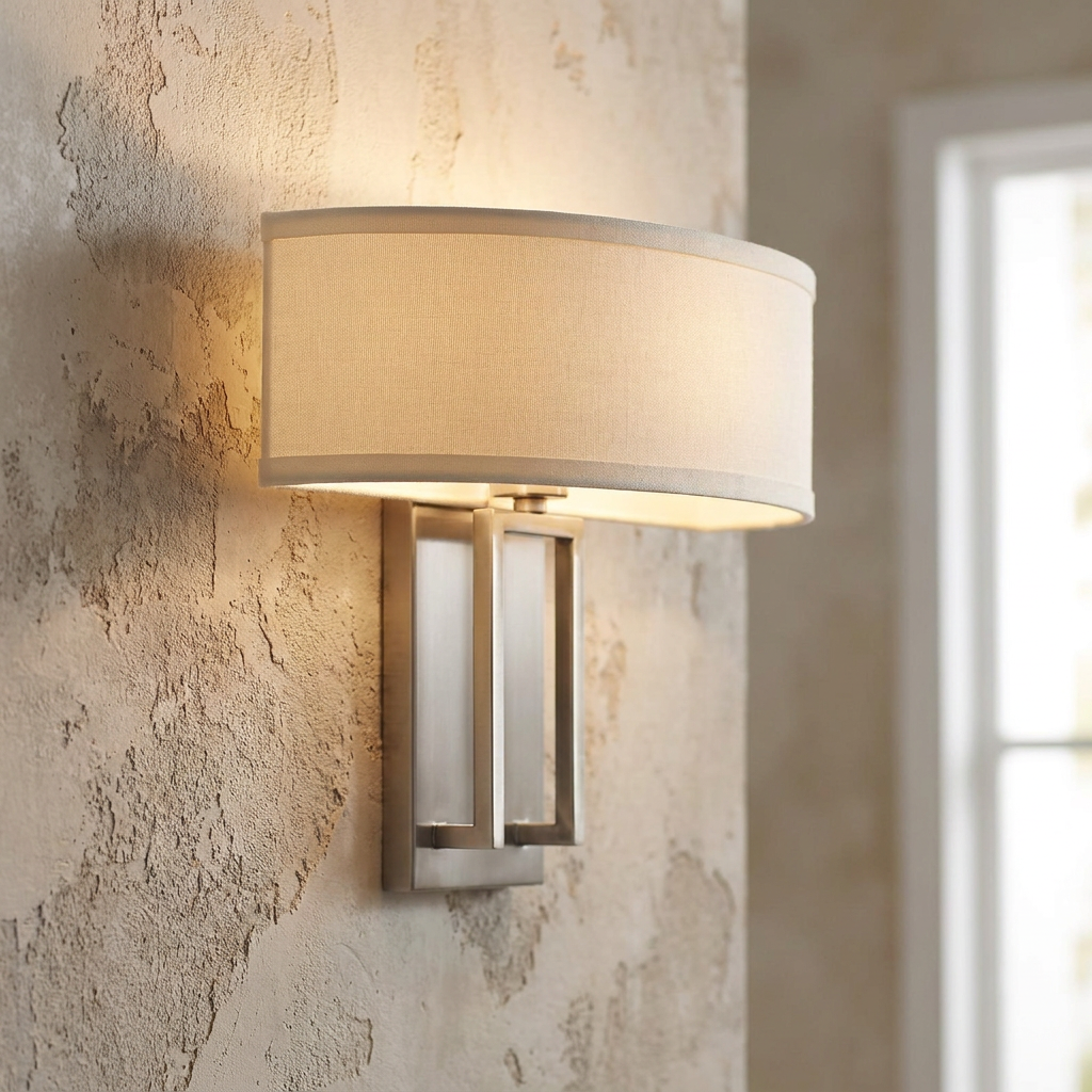 Modern nickel wall light with a rectangular off-white fabric shade mounted on a textured wall.