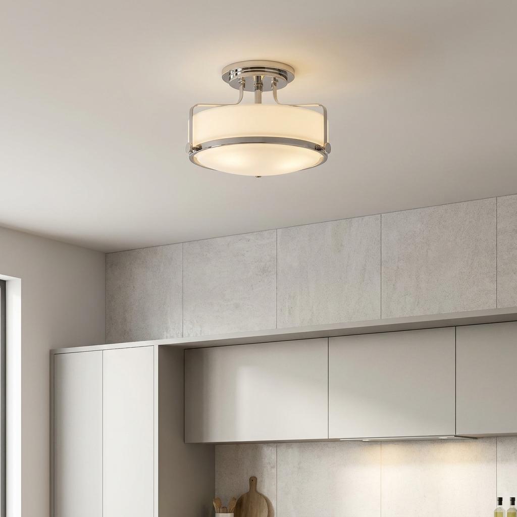 Polished chrome semi-flush ceiling light with opal glass shades mounted in a contemporary kitchen.