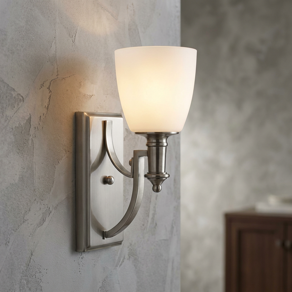 Hinkley Truman antique nickel art deco wall light with a frosted glass shade glowing on a textured grey wall.