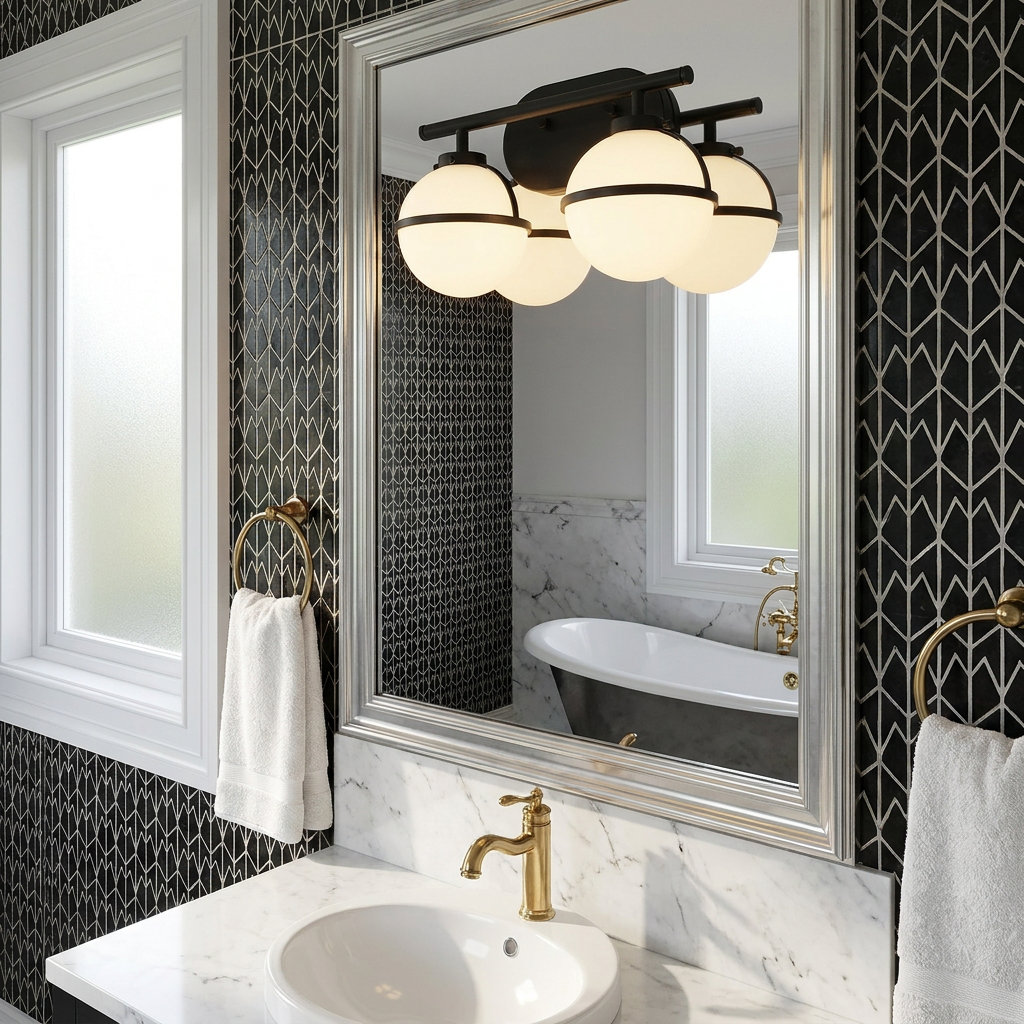 Modern black bathroom vanity light with opal glass globes reflected in a silver-framed mirror above a marble sink.