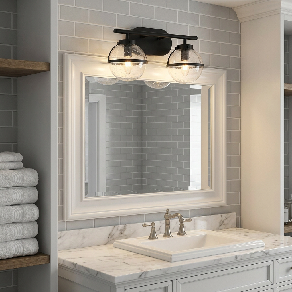Hinkley Hollis 2-light black wall sconce with seeded glass globes mounted over a white bathroom mirror and marble vanity.