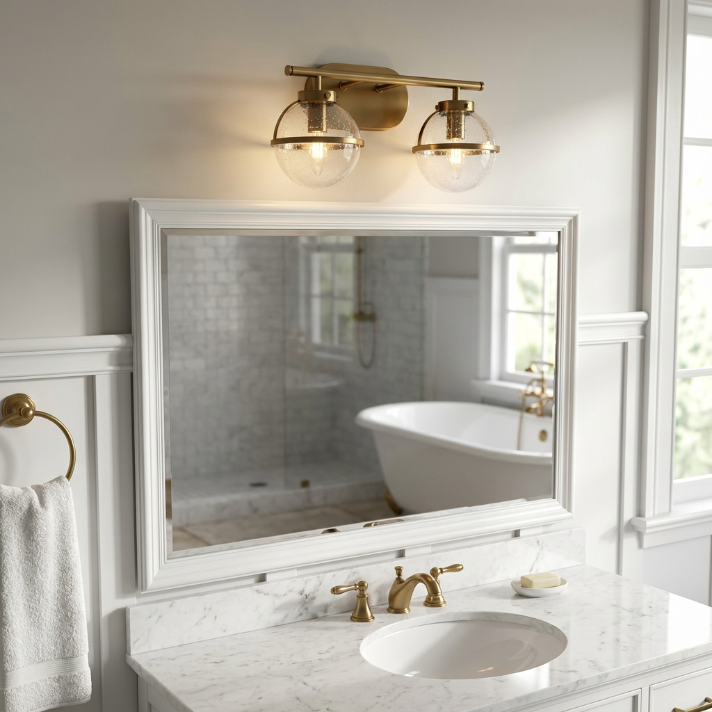 Brass two-light fixture with seeded glass globes mounted above a mirror in a bright bathroom vanity area.