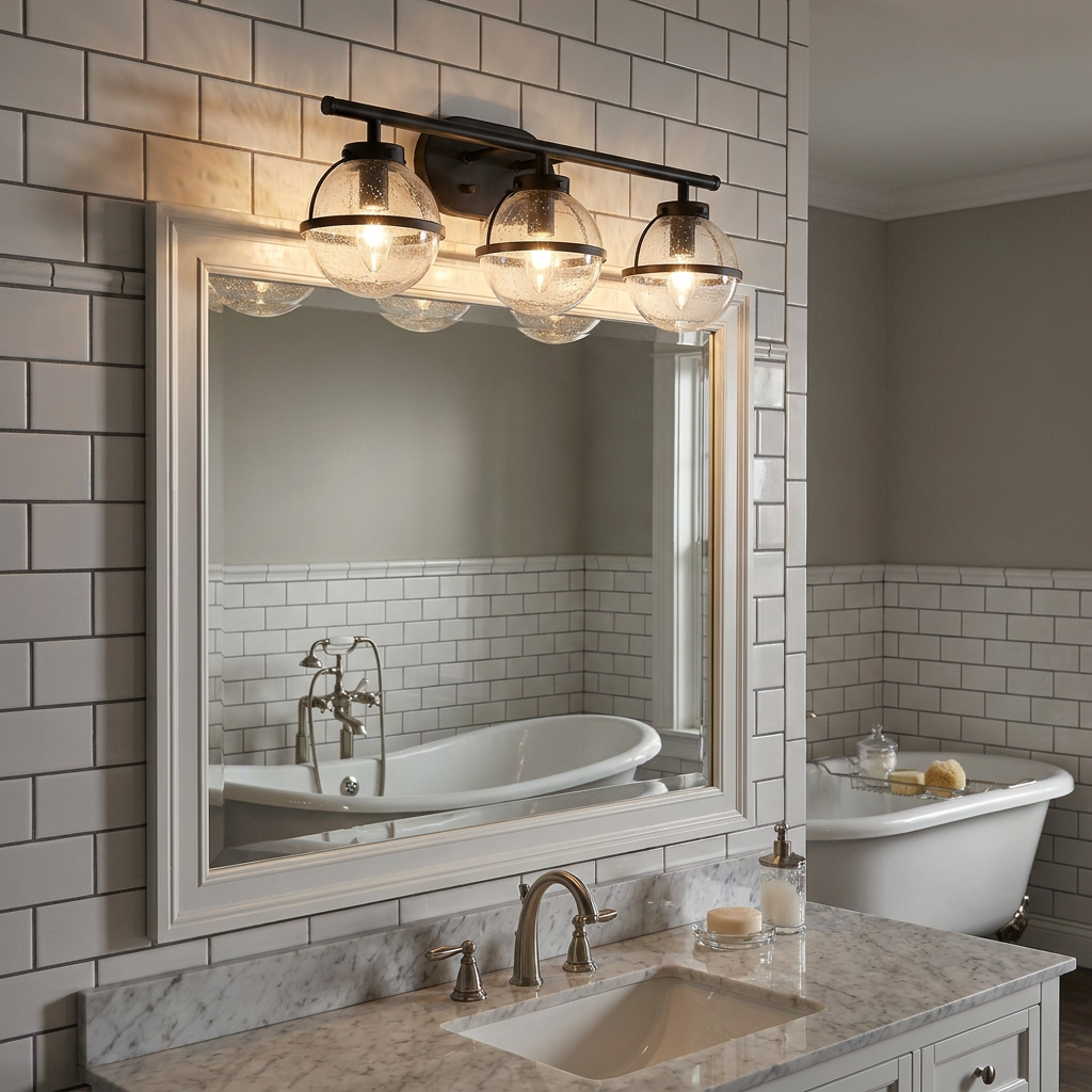 Hinkley Hollis 3-light black vanity fixture with seeded glass globes above a white framed bathroom mirror.