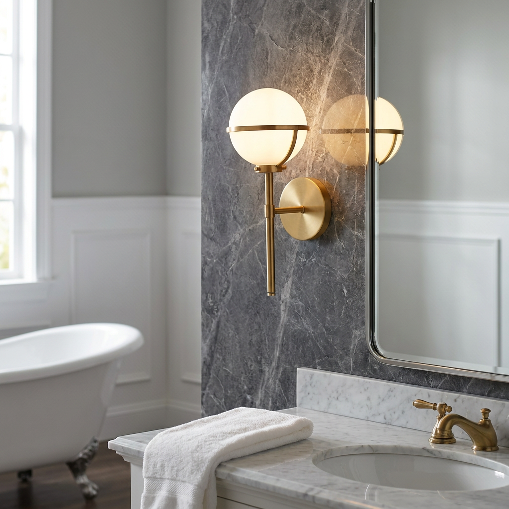 Brass wall sconce with an opal glass globe mounted on a dark marble wall next to a bathroom mirror.