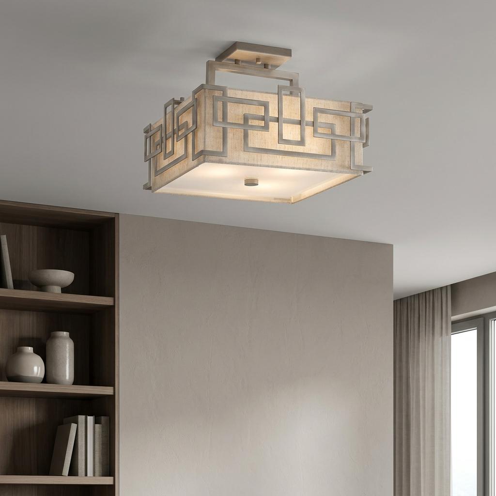 Geometric antique nickel semi-flush ceiling light with a linen shade mounted in a modern living room.