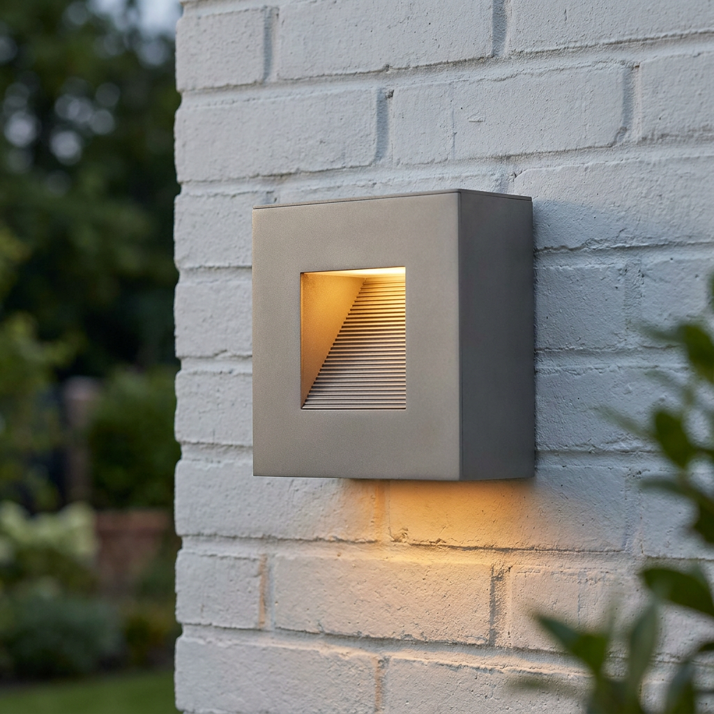 Modern square titanium outdoor wall light with a warm glow mounted on a white brick exterior wall.