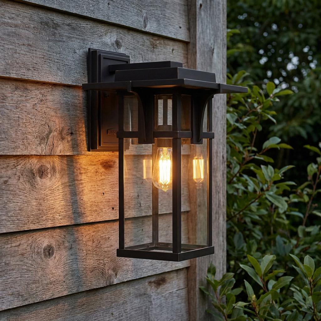 Illuminated oil-rubbed bronze outdoor wall lantern with Edison bulb mounted on a weathered wood shiplap wall.