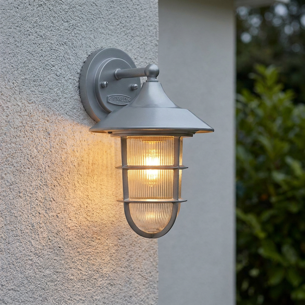 Silver nautical-style wall lantern with ribbed glass and a warm glow mounted on a textured white exterior wall.