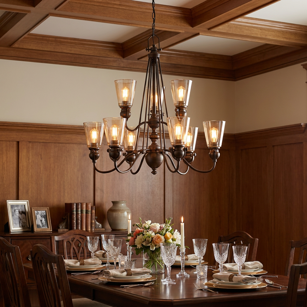 Hinkley Mayflower bronze 9-light chandelier hanging above a set dining table in a wood-paneled room.