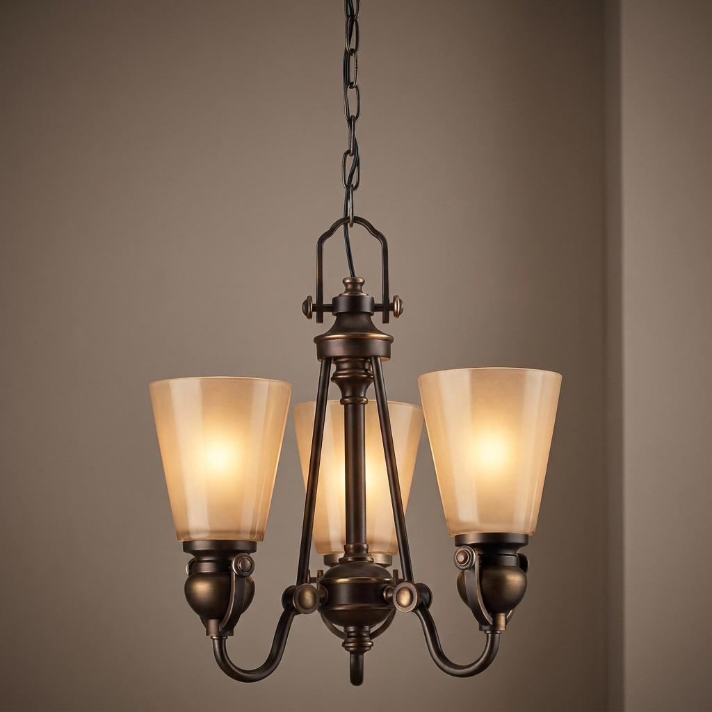 Three-light chandelier in Olde Bronze with amber tapered glass shades hanging against a neutral wall.