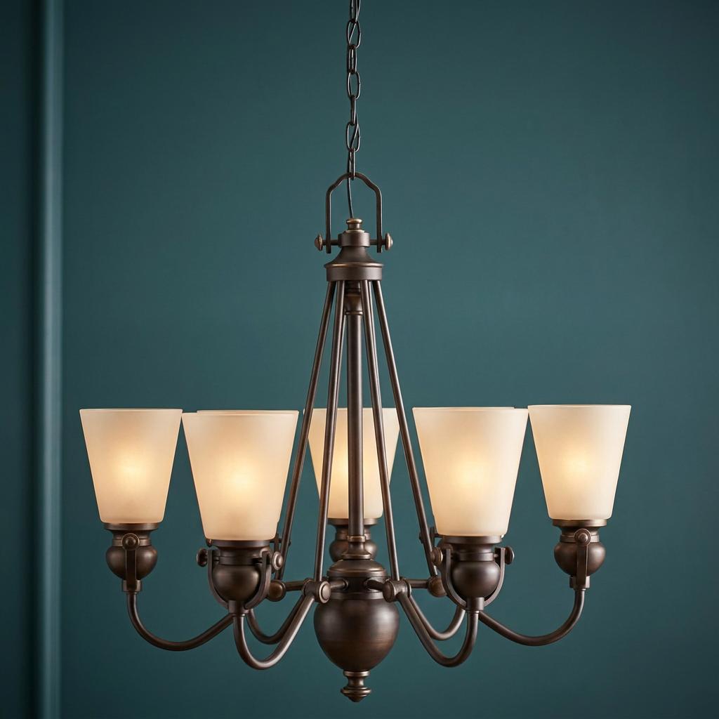 A six-light Olde Bronze chandelier with frosted glass shades set against a dark teal wall.