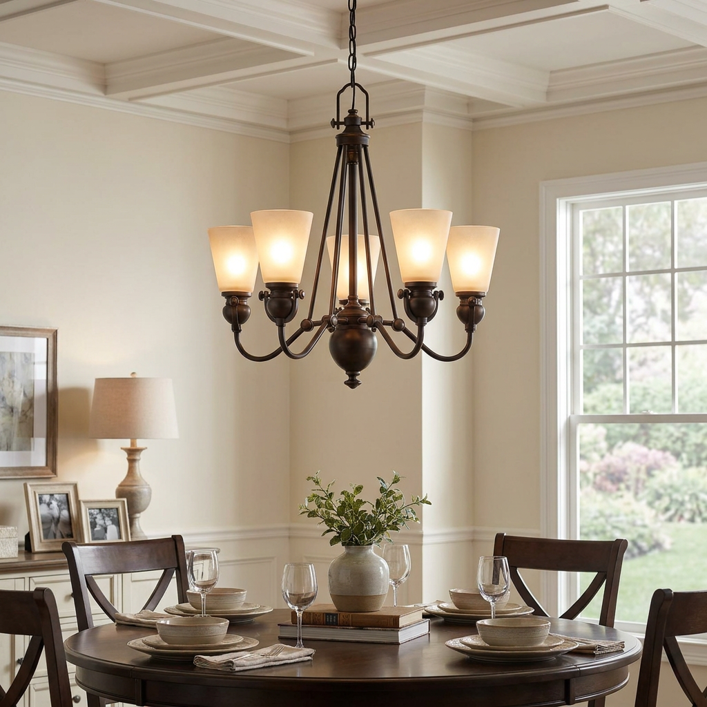 Hinkley Mayflower 6-light bronze chandelier with frosted glass shades hanging above a set dining table.