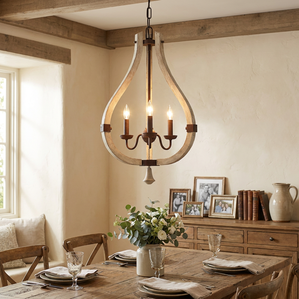 Rustic teardrop-shaped distressed wood chandelier with three lights hanging over a set dining table.