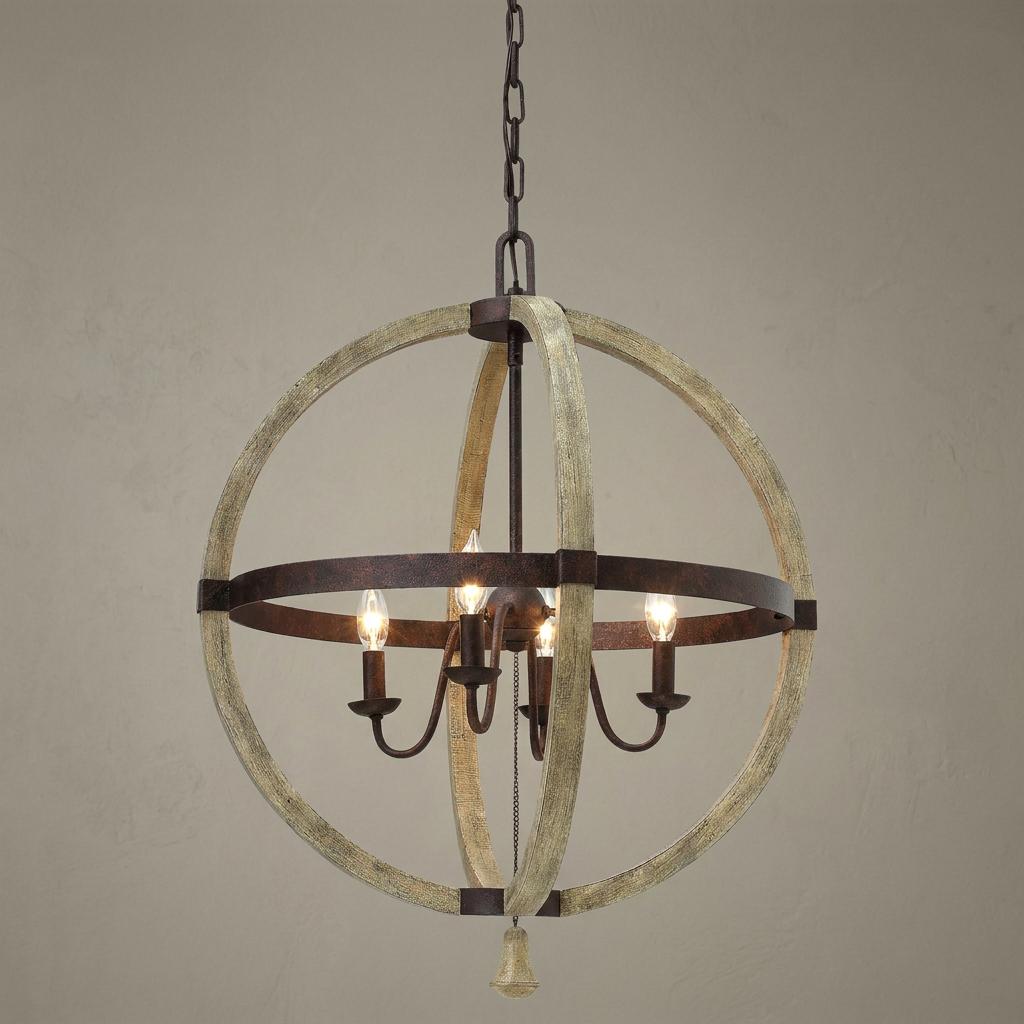 Orb-style pendant light with weathered wood rings and a rustic iron four-light candelabra frame.