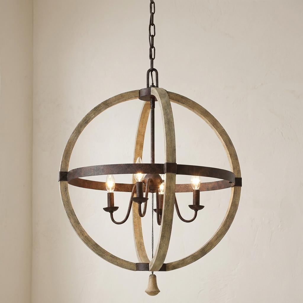 Rustic four-light orb pendant with weathered wood rings and iron rust metal bands.