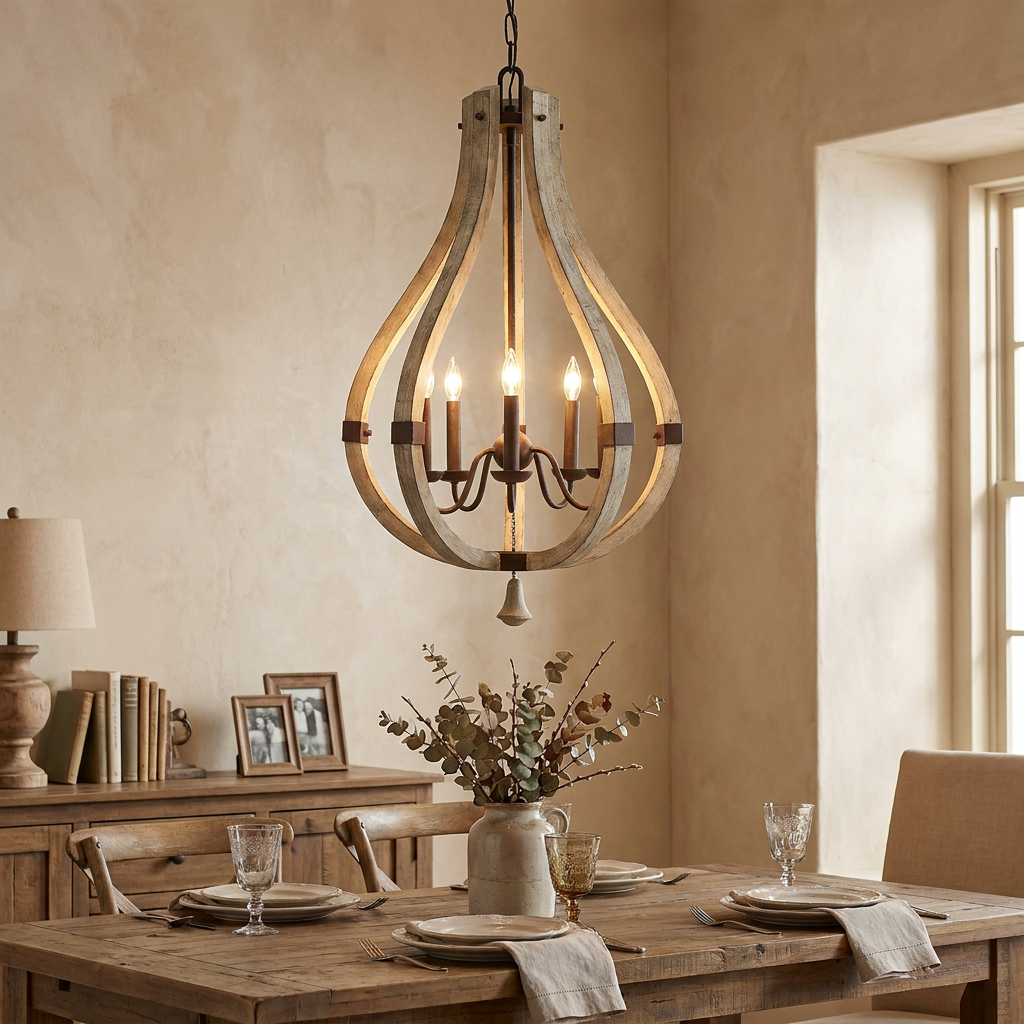 Rustic five-light chandelier with a distressed wood frame hanging above a wooden dining table in a neutral room.