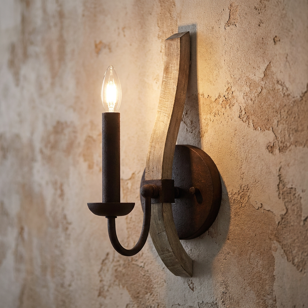 Rustic wall sconce with a curved wooden backplate and iron rust candle-style light on a textured wall.