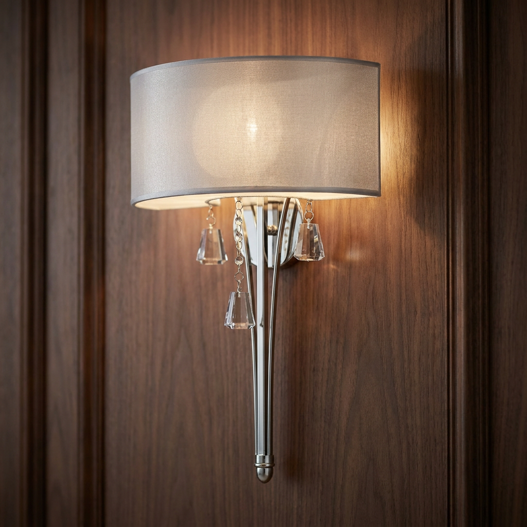 Brushed nickel wall light with a sheer shade and crystal pendants mounted on a dark wood-paneled wall.
