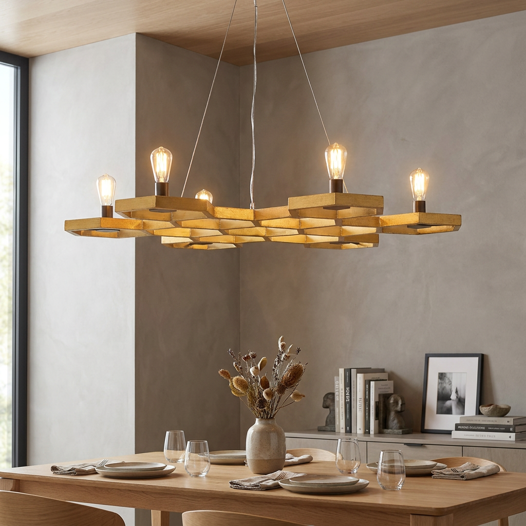 Hinkley Moxie 6-light gold geometric chandelier hanging above a modern dining table with exposed bulbs.
