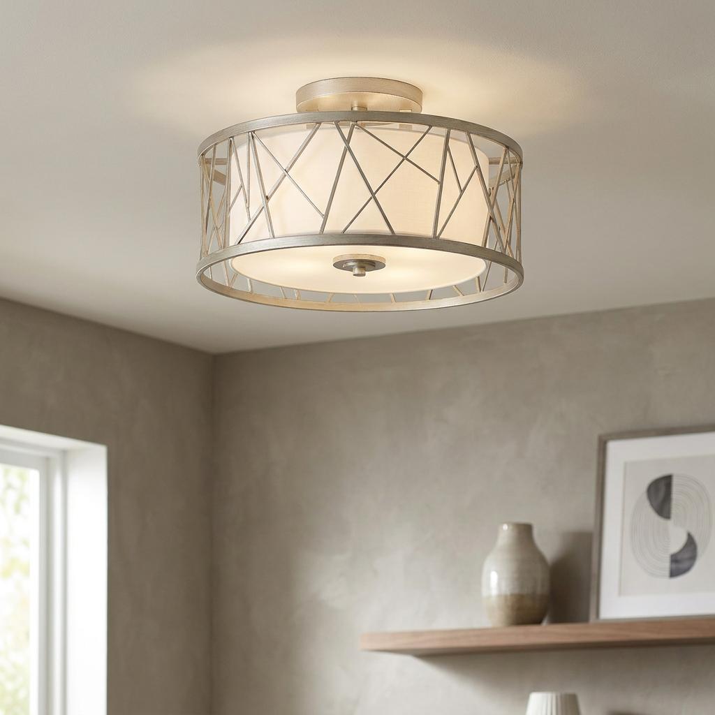 Hinkley Nest semi-flush ceiling light with a silver leaf geometric frame and white shade in a modern living space.
