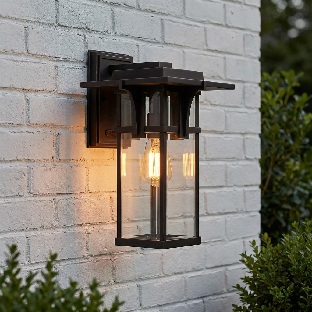 Hinkley oil rubbed bronze outdoor lantern with an Edison bulb mounted on a white brick wall.