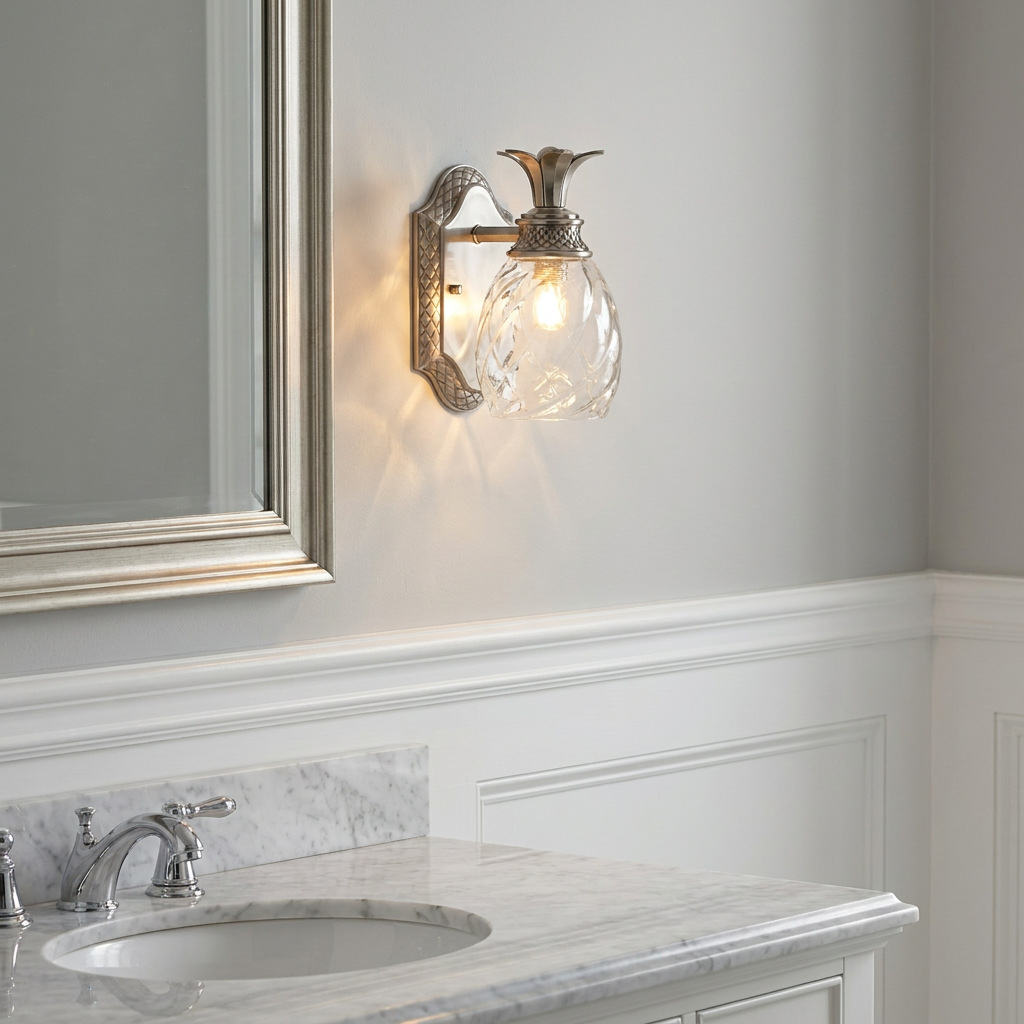 Pineapple-shaped polished nickel bathroom wall light mounted on a gray wall above a marble vanity.