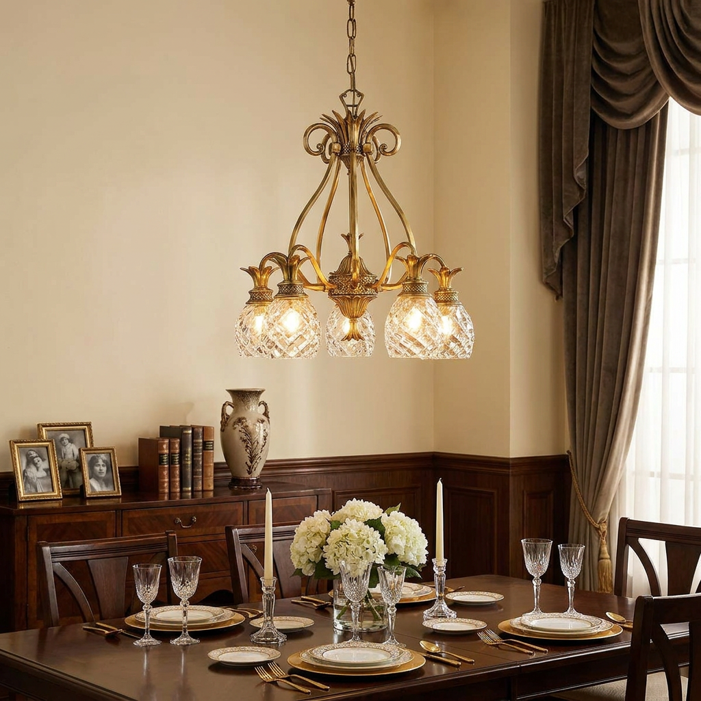 Elegant brass chandelier with pineapple glass shades hangs above a set dining table in a traditional room.