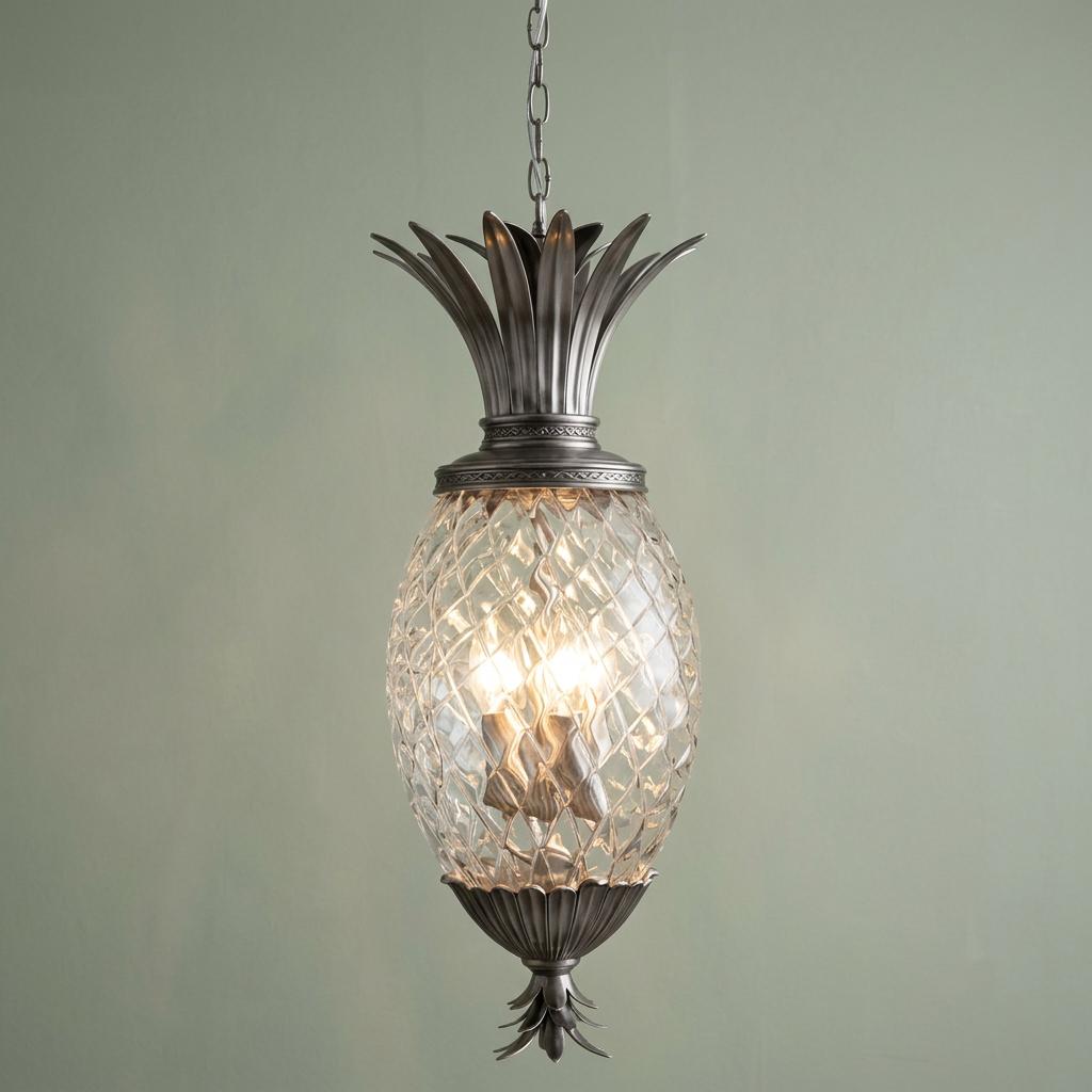 Pineapple-shaped pendant light with clear textured glass and antique nickel finish hanging against a green wall.