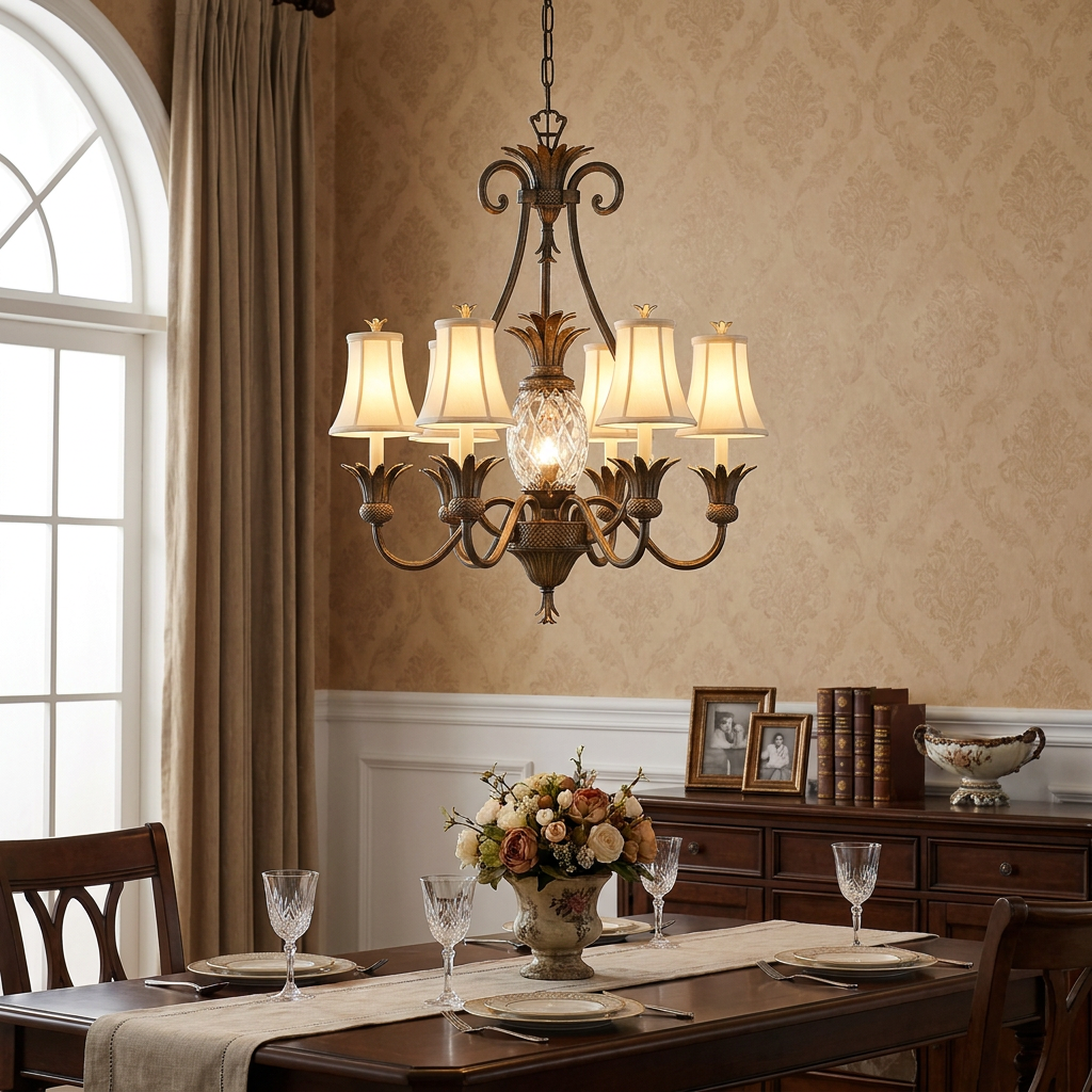 Hinkley Plantation pearl bronze 6-light chandelier with pineapple motif hanging in a formal dining room.
