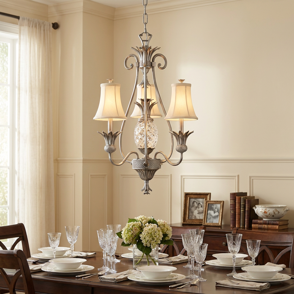 Hinkley Plantation 3-light chandelier in polished antique nickel with pineapple accents over a set dining table.