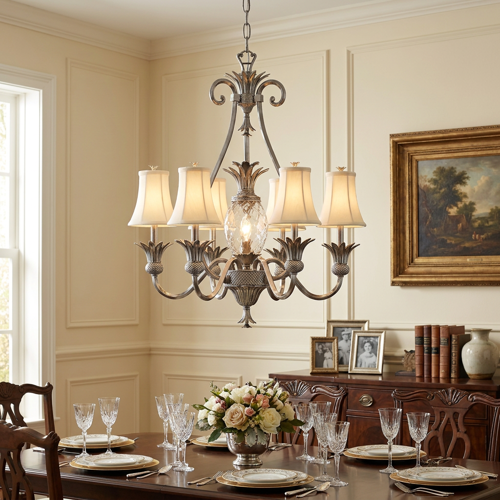 A 7-light antique nickel chandelier with pineapple motifs hangs above a formal dining table set for a meal.