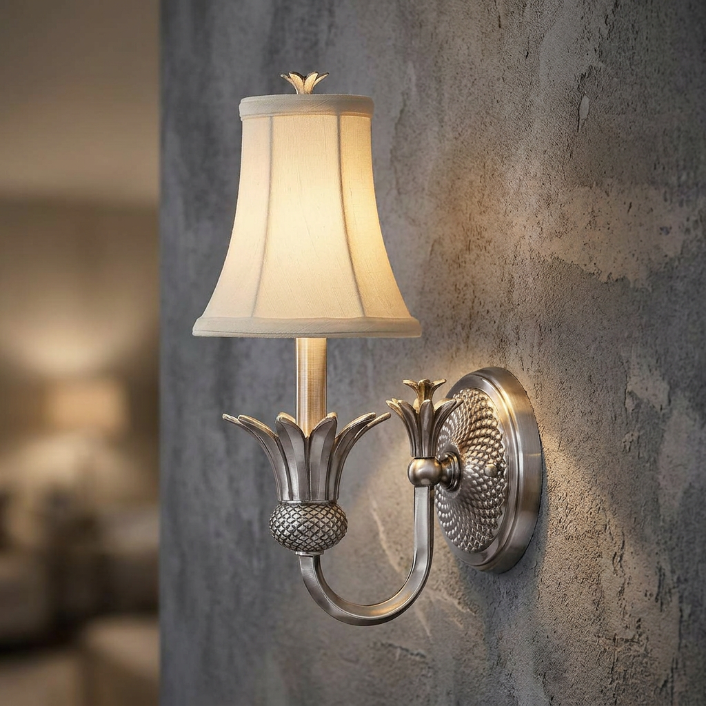 Pineapple-themed antique nickel wall sconce with a fabric shade mounted on a textured grey wall.