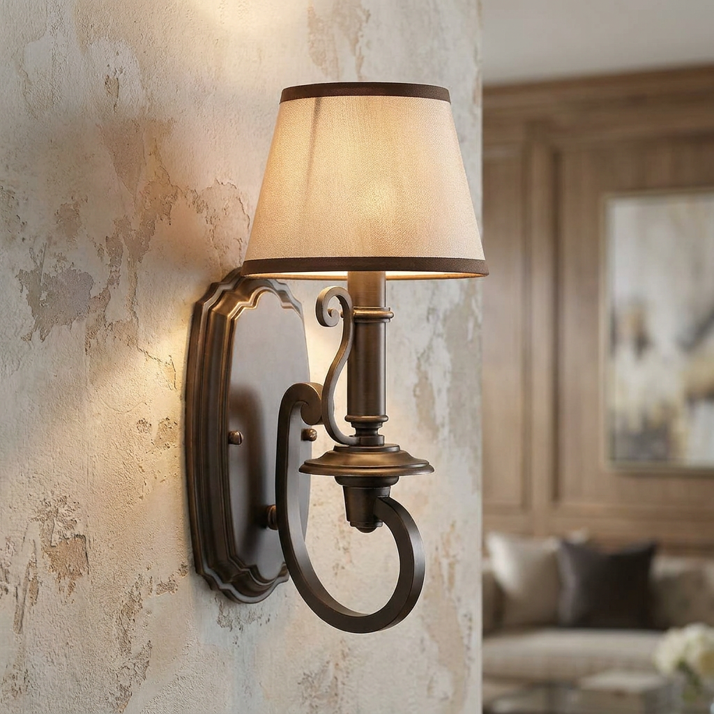Bronze wall sconce with a beige fabric lampshade and scrollwork detail mounted on a rustic textured wall.