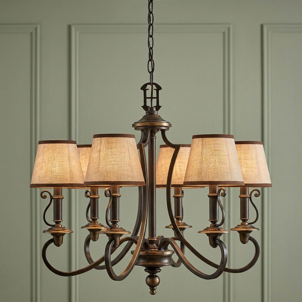 Six-light bronze chandelier with beige fabric shades against a pale green paneled wall.