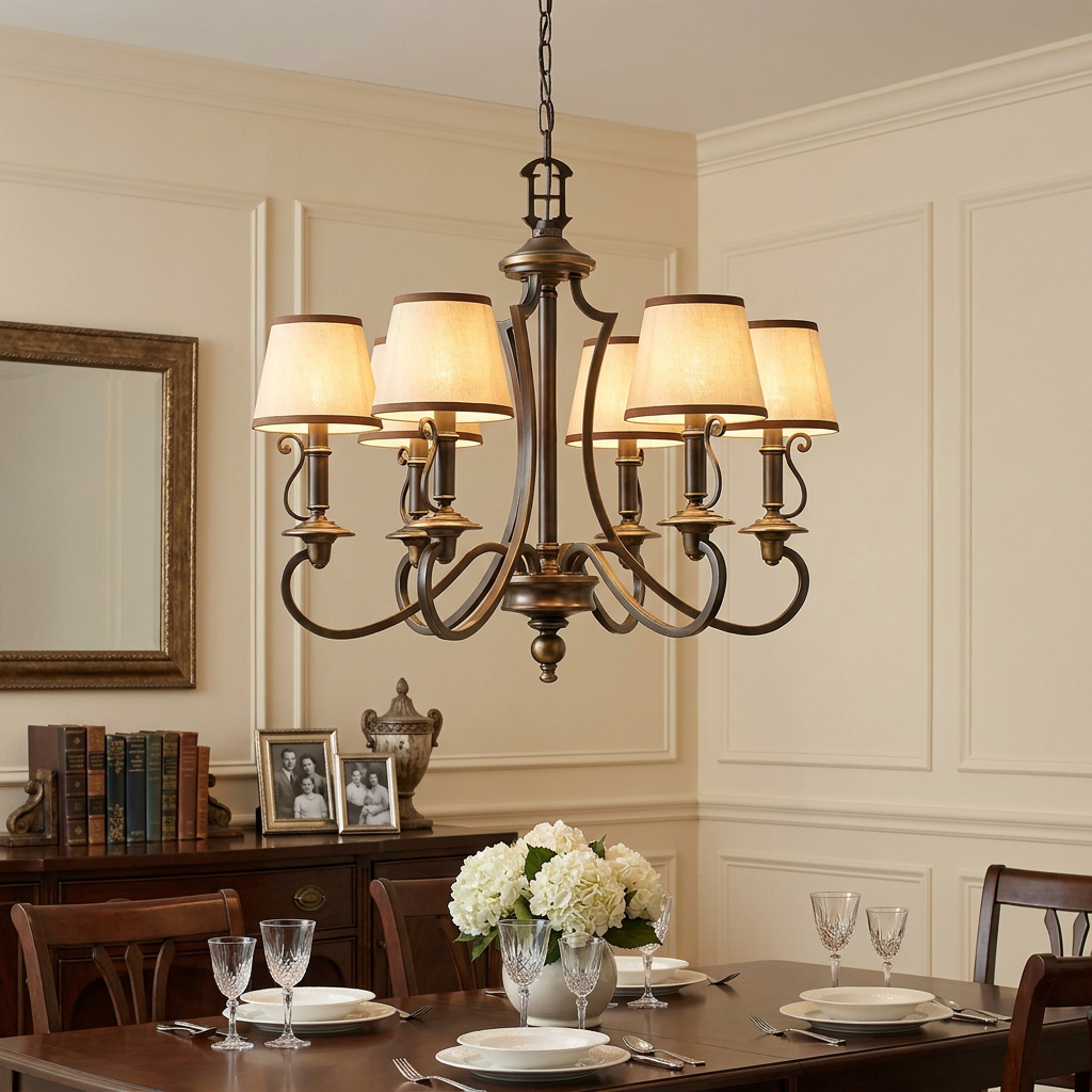 Traditional 6-light old bronze chandelier with cream shades illuminating a formal dining table setting.