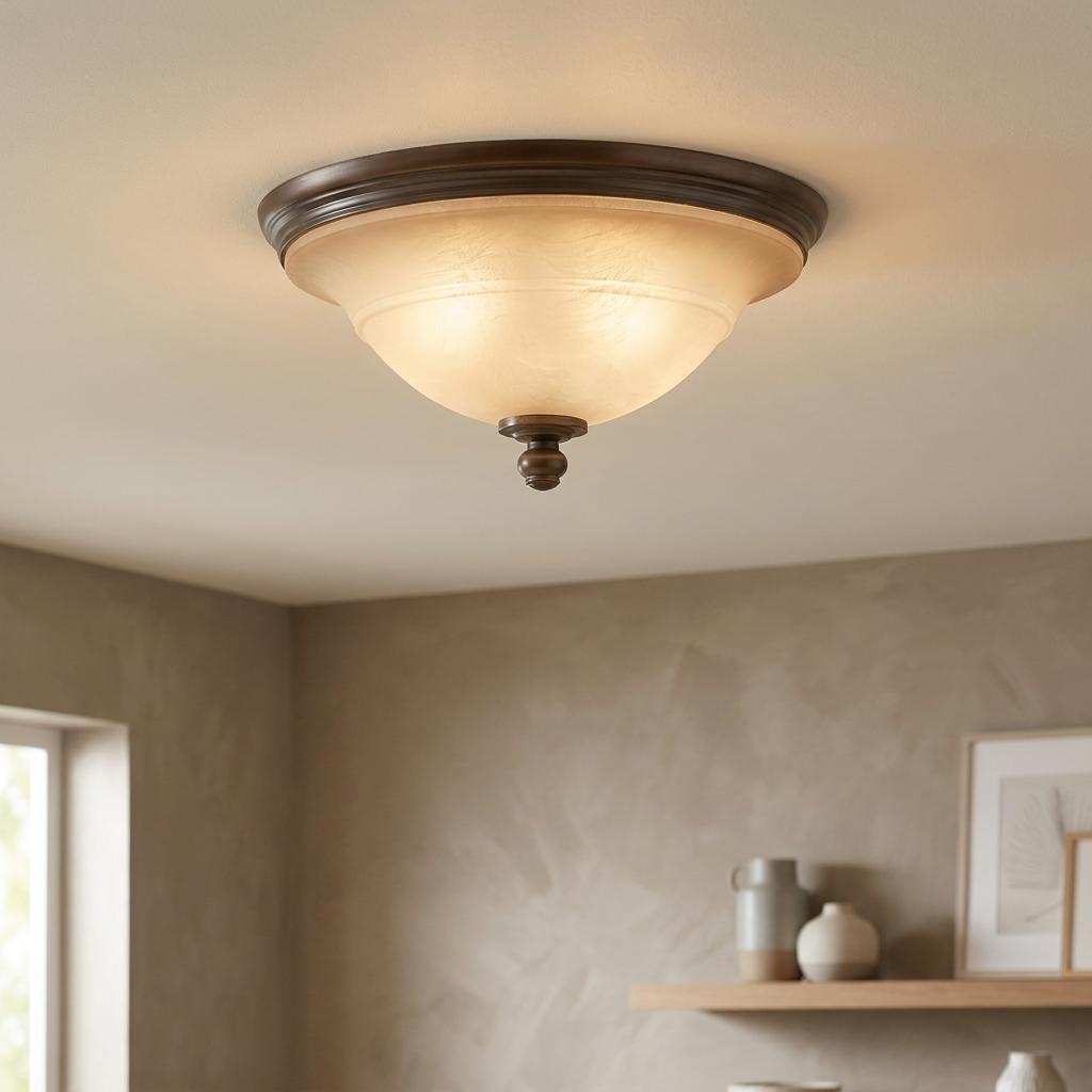 Hinkley Plymouth bronze flush mount ceiling light with a warm amber frosted glass shade in a neutral room setting.