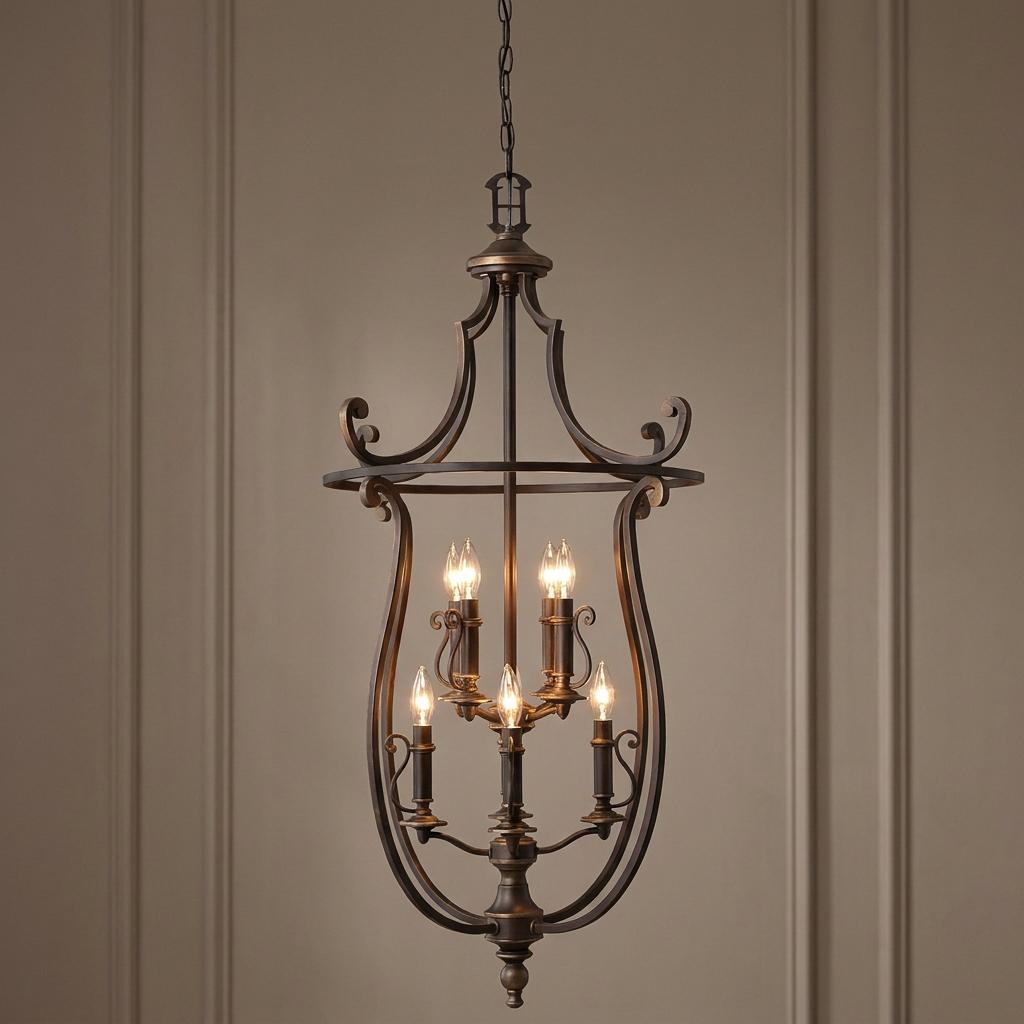 Hinkley Plymouth 8-light pendant lantern in bronze featuring candle-style bulbs and a decorative open frame.